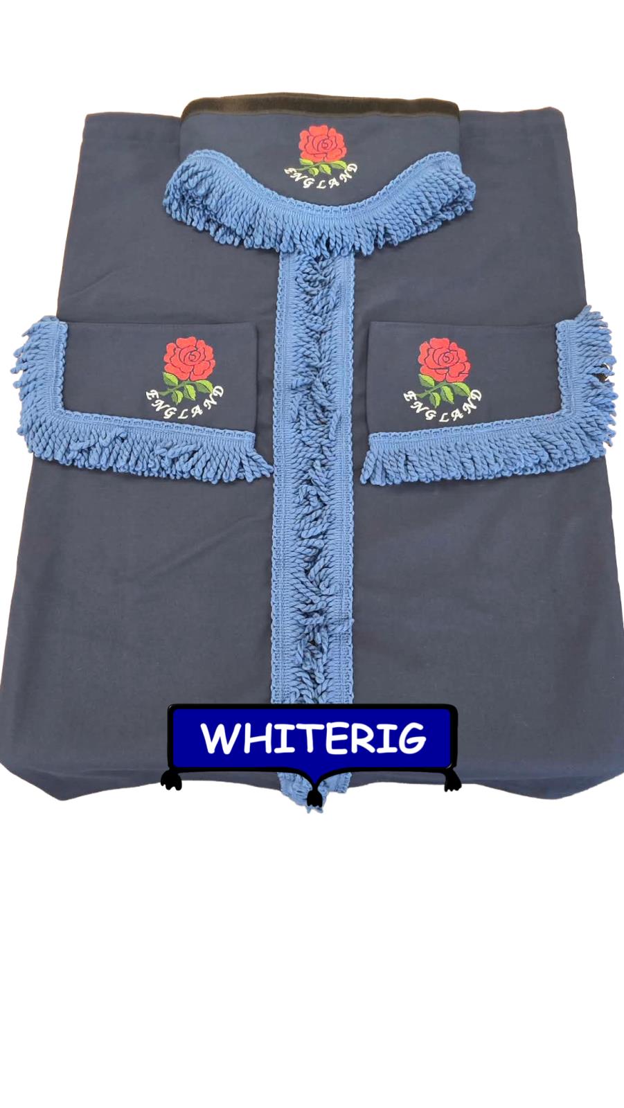 Navy Blue Truck Curtains with Blue Fringe & England Rose Embroidery Whiterig Truck Curtains